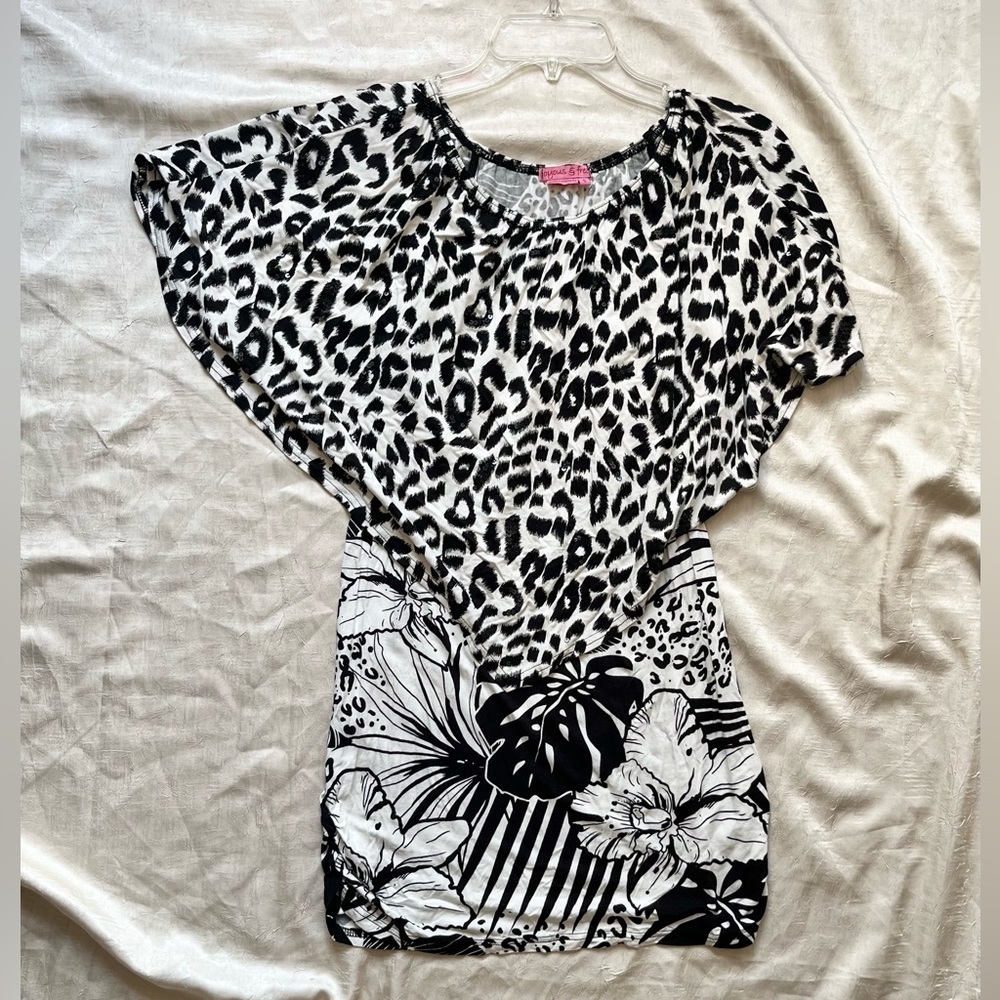 Joyous & Free Black and White Leopard and Floral Print Mini Dress